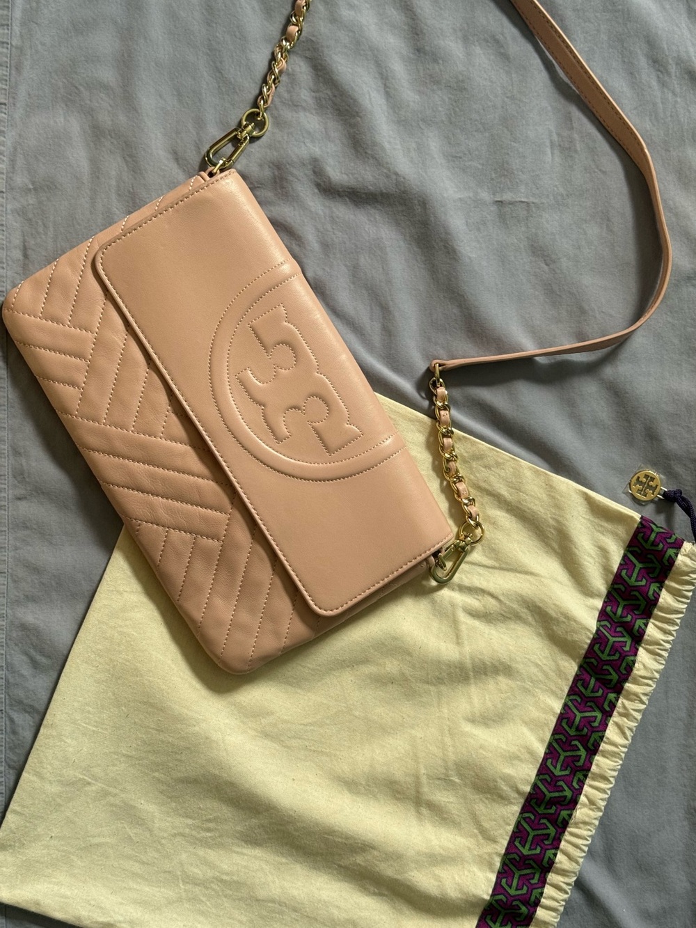 Tory Burch Blush Quilted Leather Shoulder Bag with Gold Chain